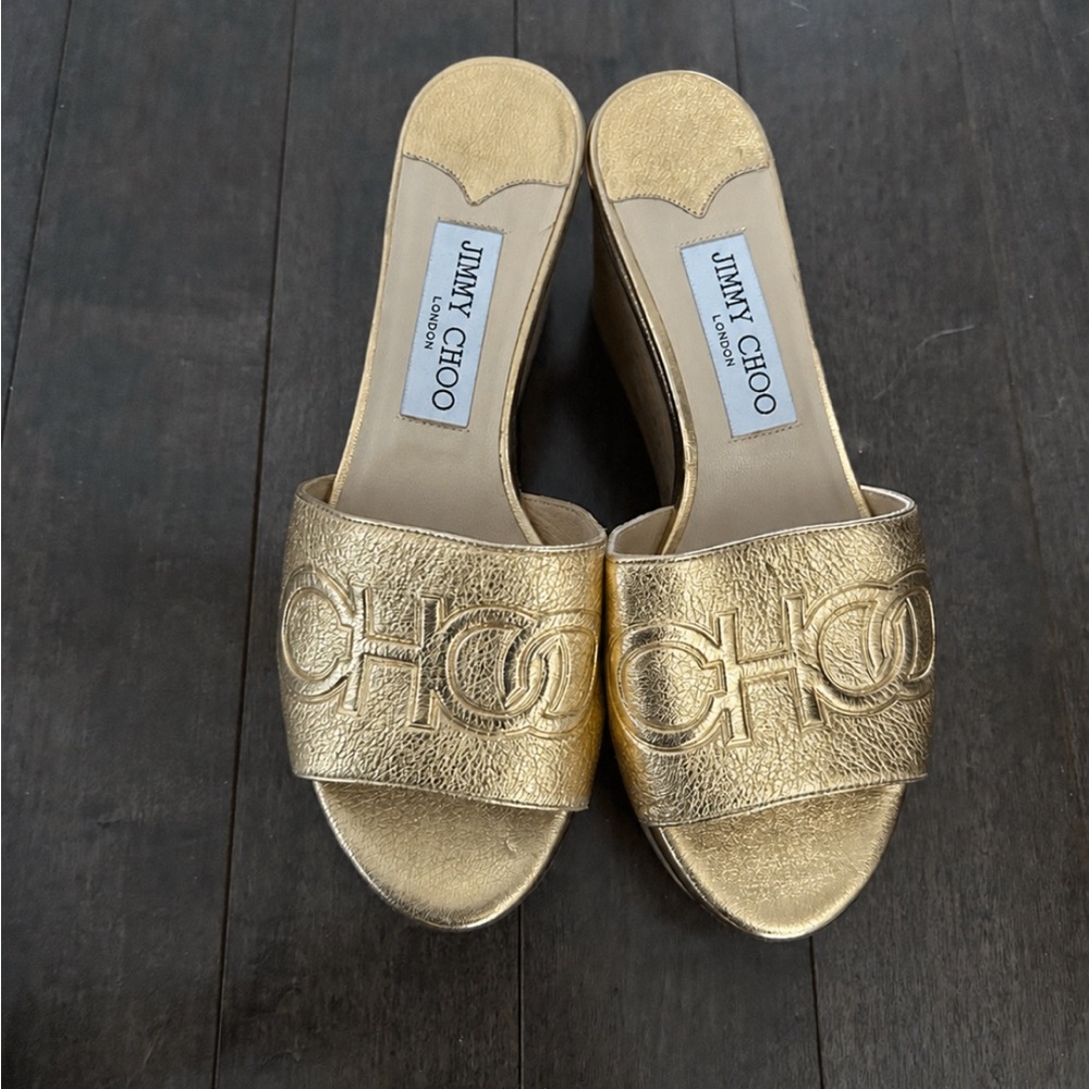 Jimmy Choo Metallic Gold Leather Cork Platform Wedge Slides